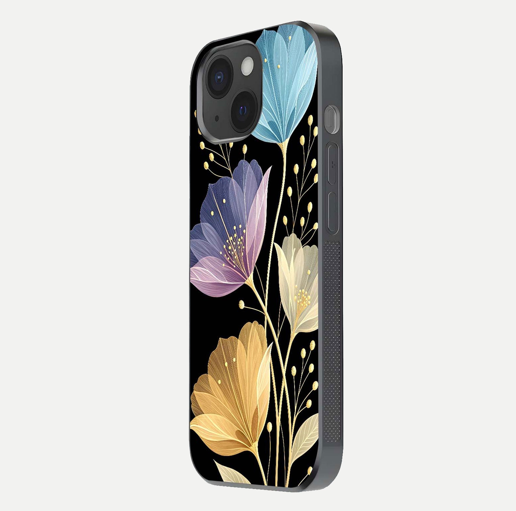 Flower Bloom Glow Glass Case for iPhone 15 side-angle image capturing gloss reflection and flower glow