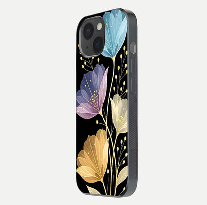 Flower Bloom Glow Glass Case for iPhone 15 side-angle image capturing gloss reflection and flower glow