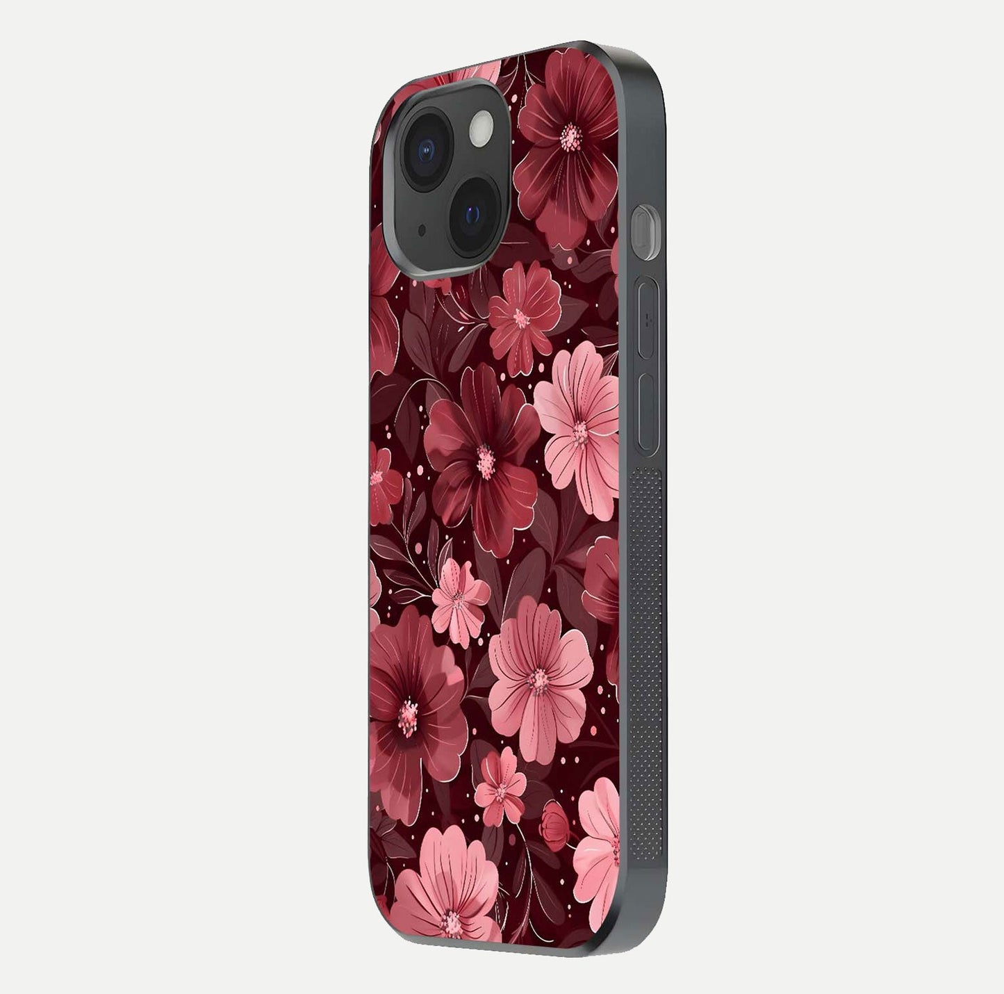 Flower Blush Bloom Glass Case for iPhone 15 side-angle photo showing glass reflection and delicate hues
