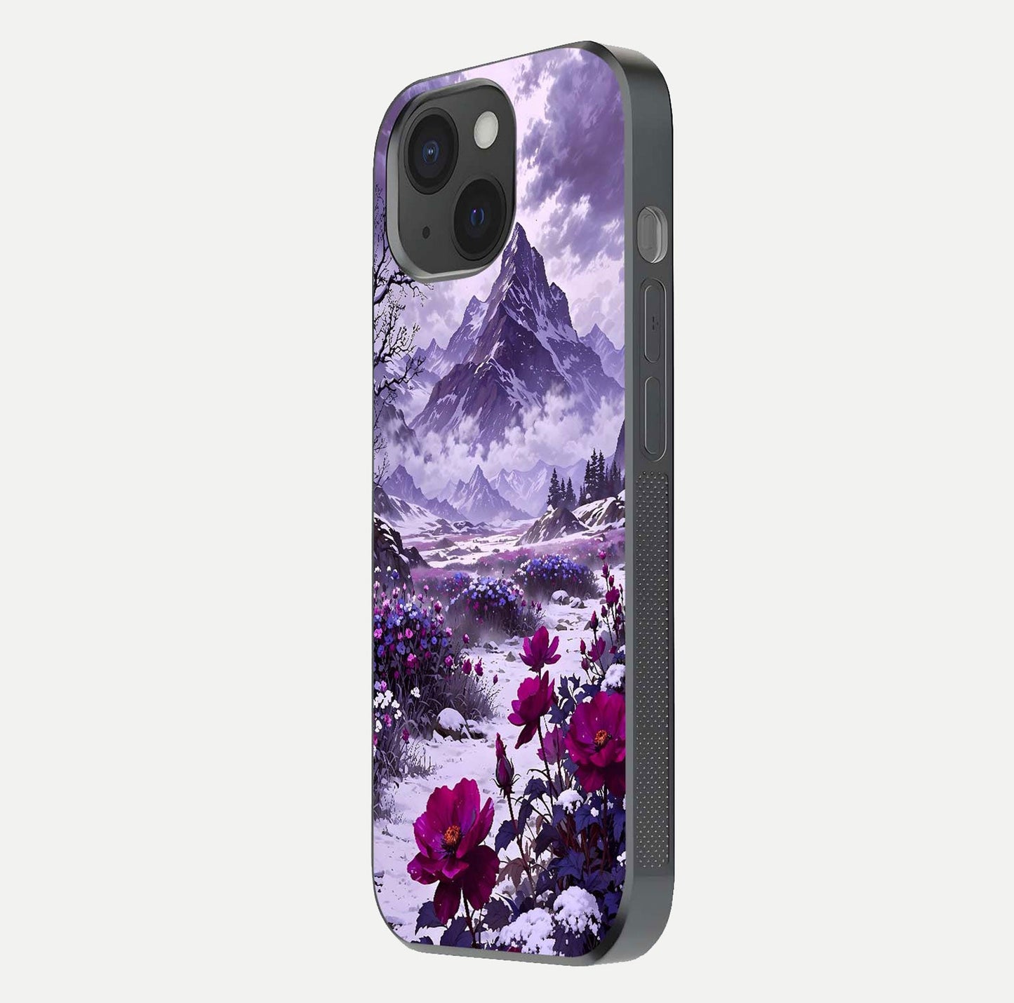 Flower Mountain View Glass Case for iPhone 15 side-angle image showing gloss polish and smooth edge