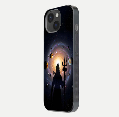 Galactic Shiva Vision Glass Case for iPhone 15 side-angle image showing light reflection, glass edges, and spiritual cosmic theme