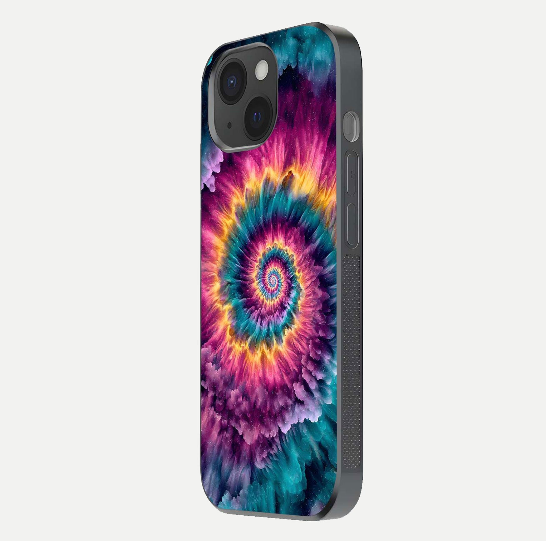 Galactic Spiral Burst Glass Case for iPhone 15 side-angle image showing reflection clarity and vivid galactic texture