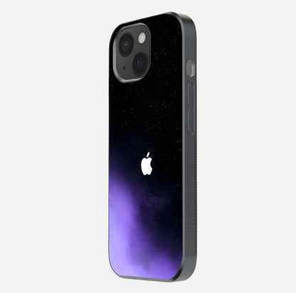 Galaxy Apple Aura Glass Case for iPhone 15 side-angle image showing glossy surface and soft reflection hues