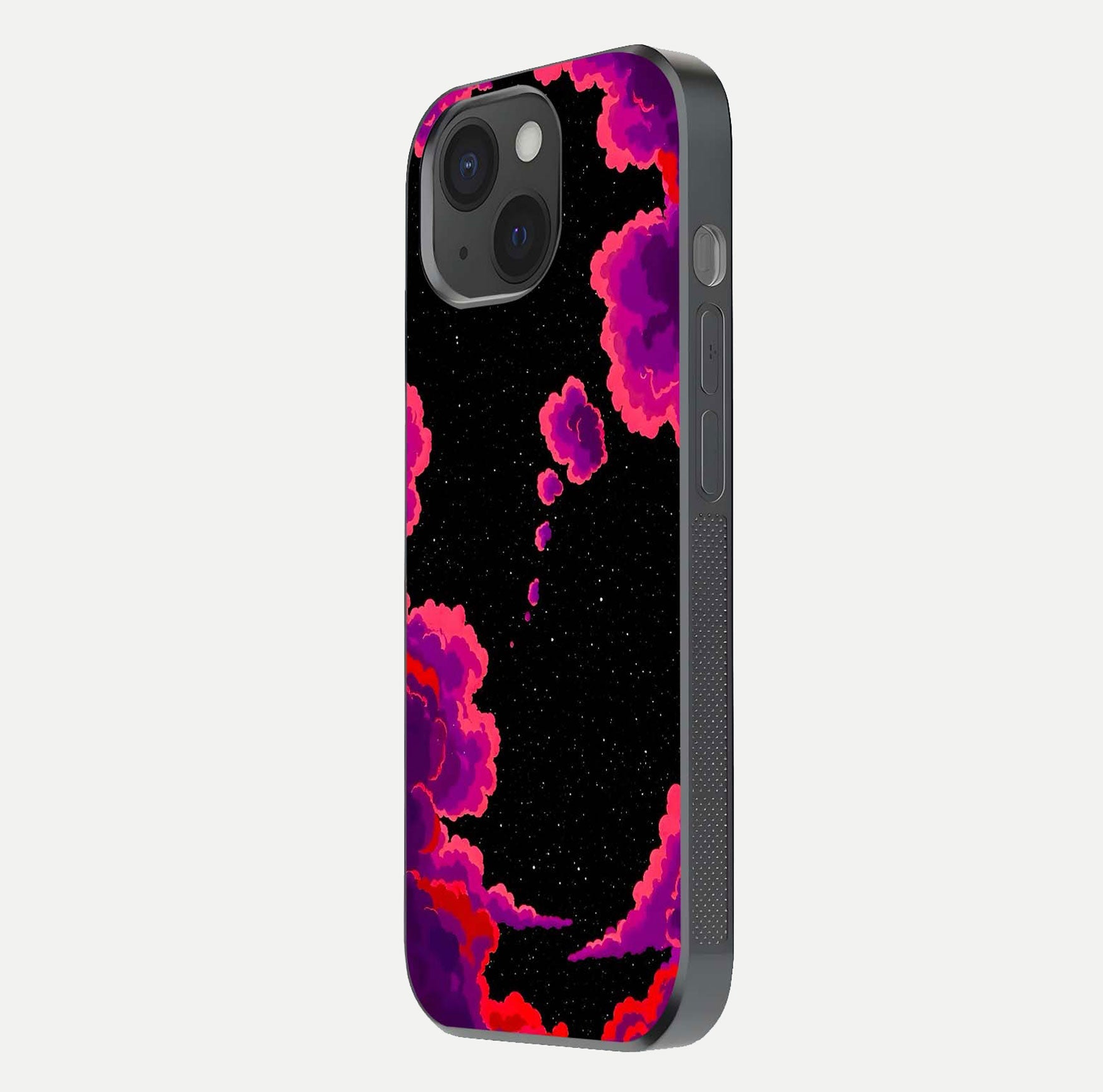 Galaxy Dream Frame Glass Case for iPhone 15 side-angle image showing reflection light and premium finish