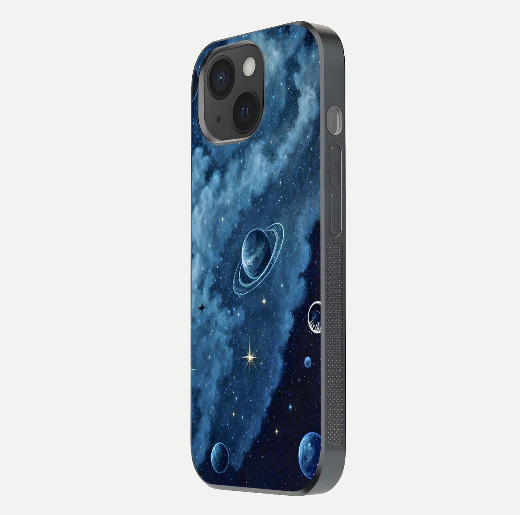 Galaxy Dream Space Glass Case for iPhone 15 side-angle image capturing reflection clarity and galactic texture