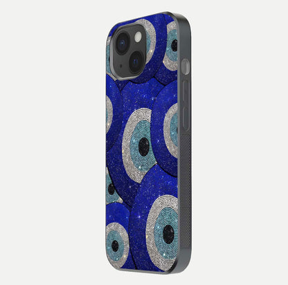 Galaxy Eye Flow Glass Case for iPhone 15 side-angle image showing reflection detail and premium shine