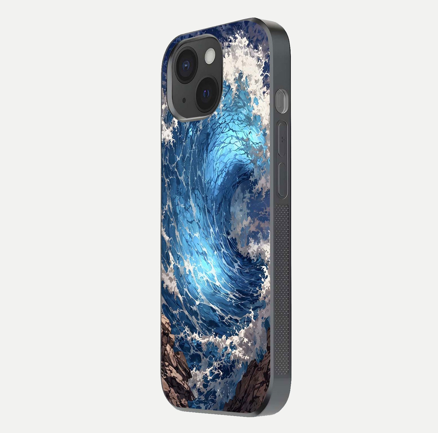 Giant Ocean Wave Glass Case for iPhone 15 side-angle image showing light reflection and ocean detail