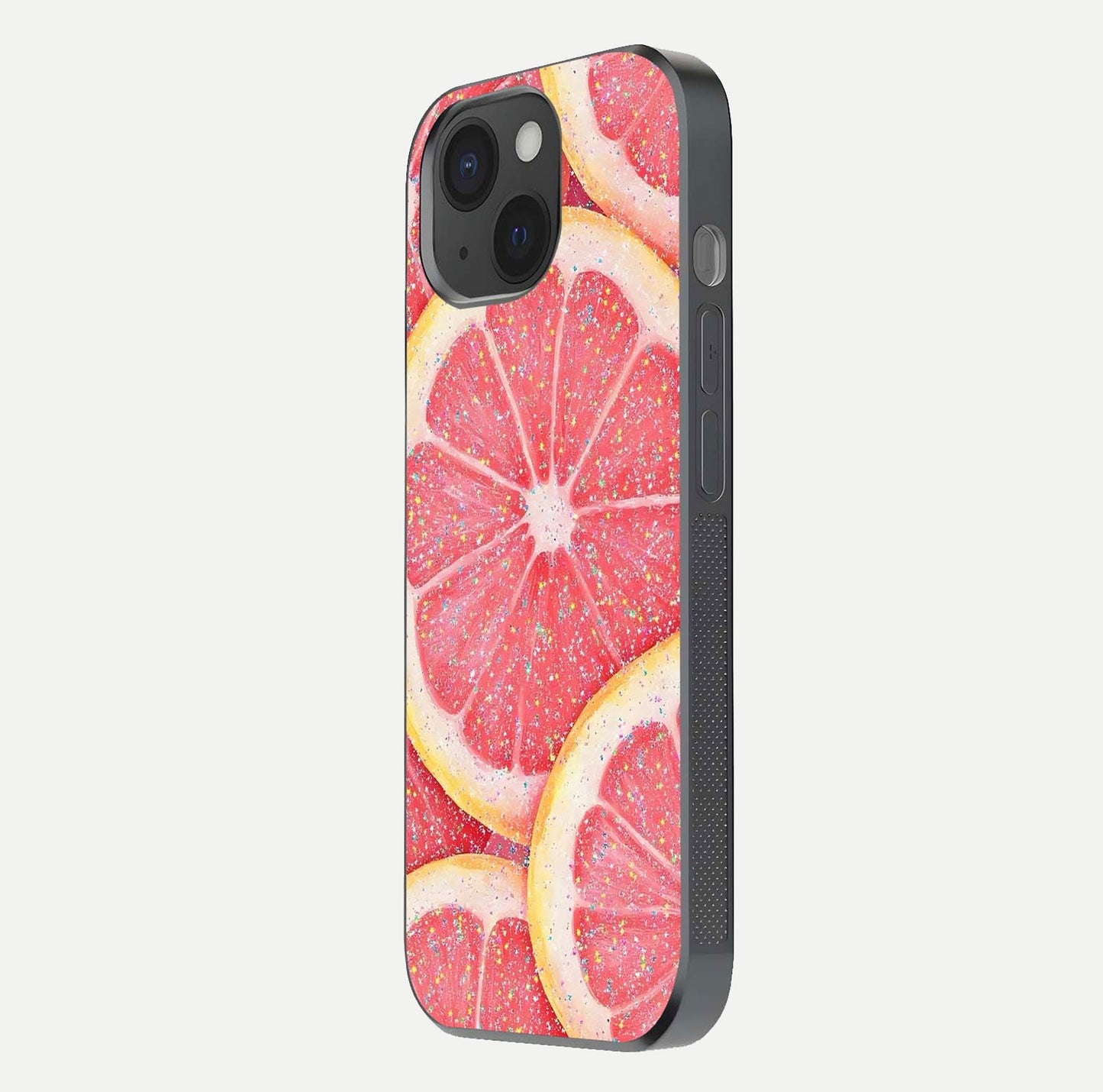 Glitter Grapefruit Glass Case for iPhone 15 side-angle image showing reflection glow and polished edges