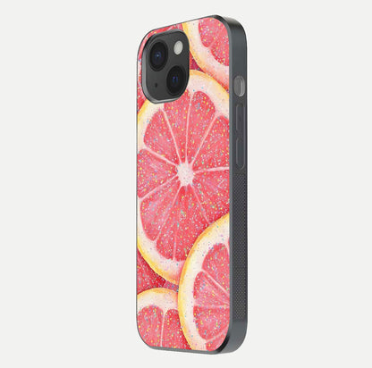 Glitter Grapefruit Glass Case for iPhone 15 side-angle image showing reflection glow and polished edges