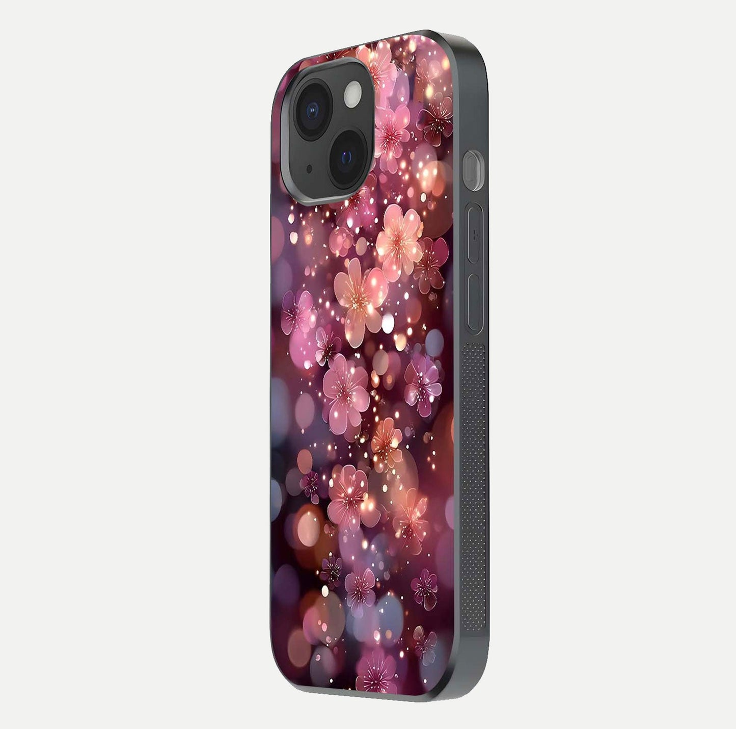 Glowing Petal Bliss Glass Case for iPhone 15 side-angle image showing light reflection and soft floral texture