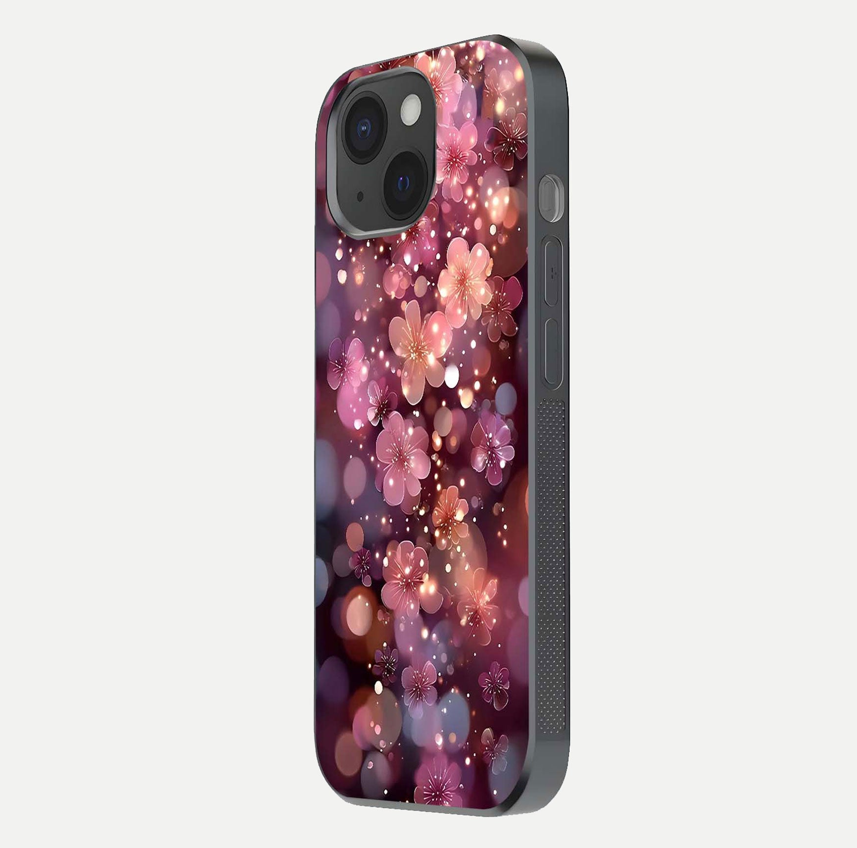 Glowing Petal Bliss Glass Case for iPhone 15 side-angle image showing light reflection and soft floral texture