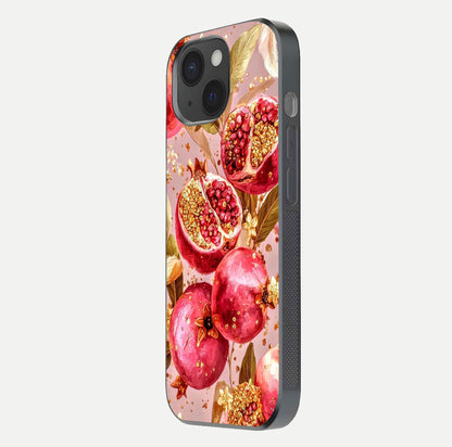 Golden Bloom Glow Glass Case for iPhone 15 side-angle image showing light reflection, gloss texture, and rich tone