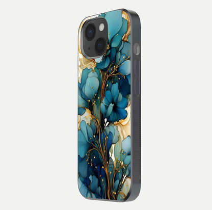 Golden Bloom Symphony Glass Case for iPhone 15 side-angle image showing golden glow, light reflection, and premium surface