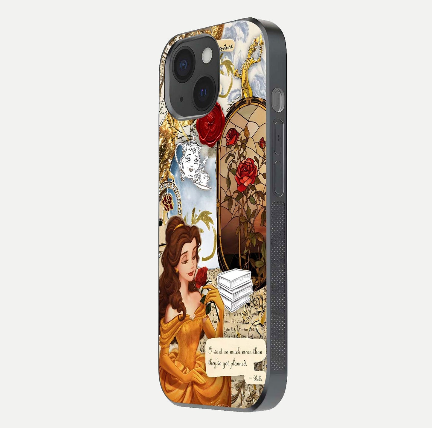 Golden Dream Belle Glass Case for iPhone 15 side-angle image showing reflective edges and premium golden tint