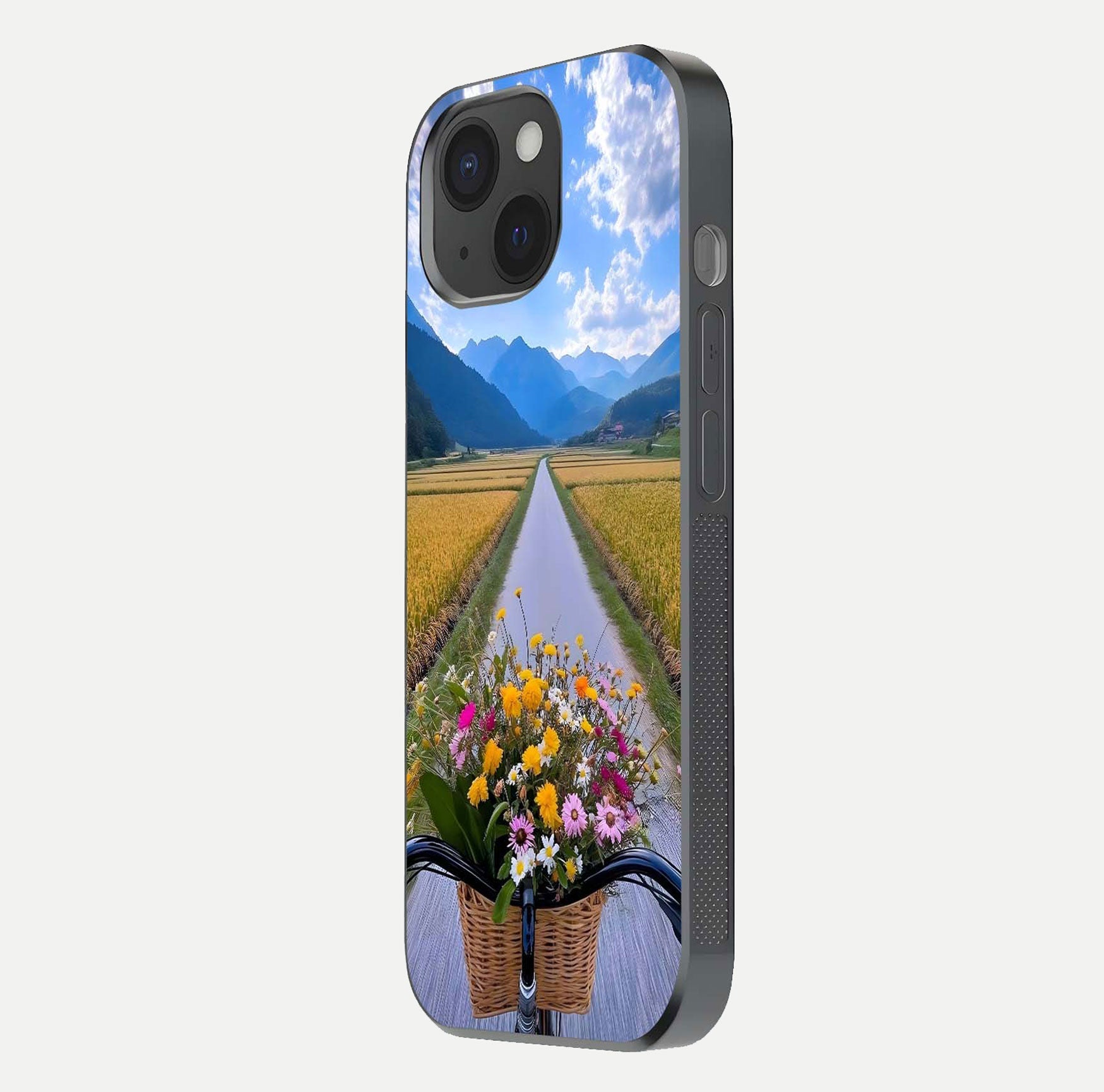 Golden Field Journey Glass Case for iPhone 15 side-angle image showing golden glow, reflection shine, and curved edge