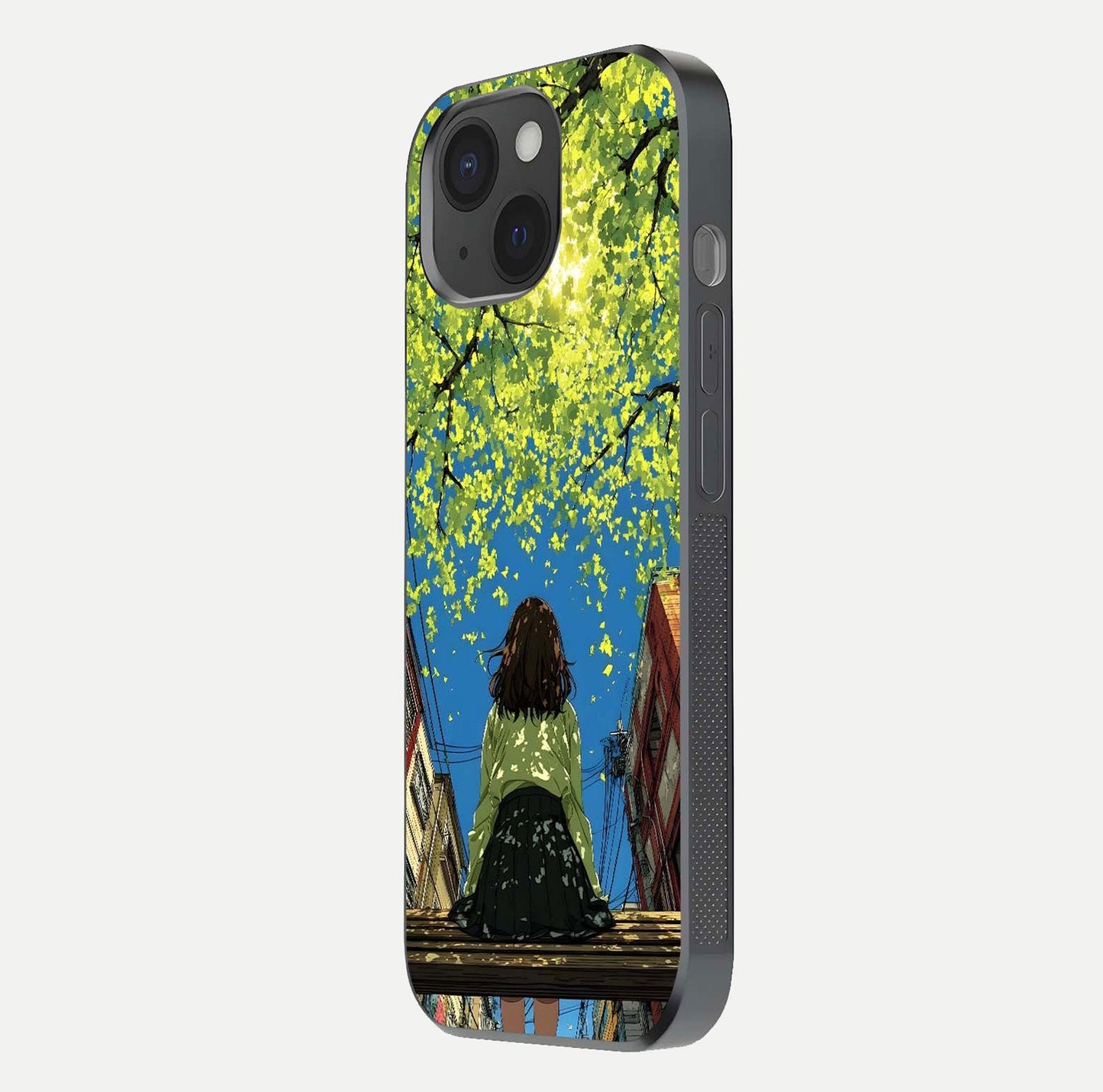 Golden Leaves Glow Glass Case for iPhone 15 side-angle image showing reflection polish and elegant pattern