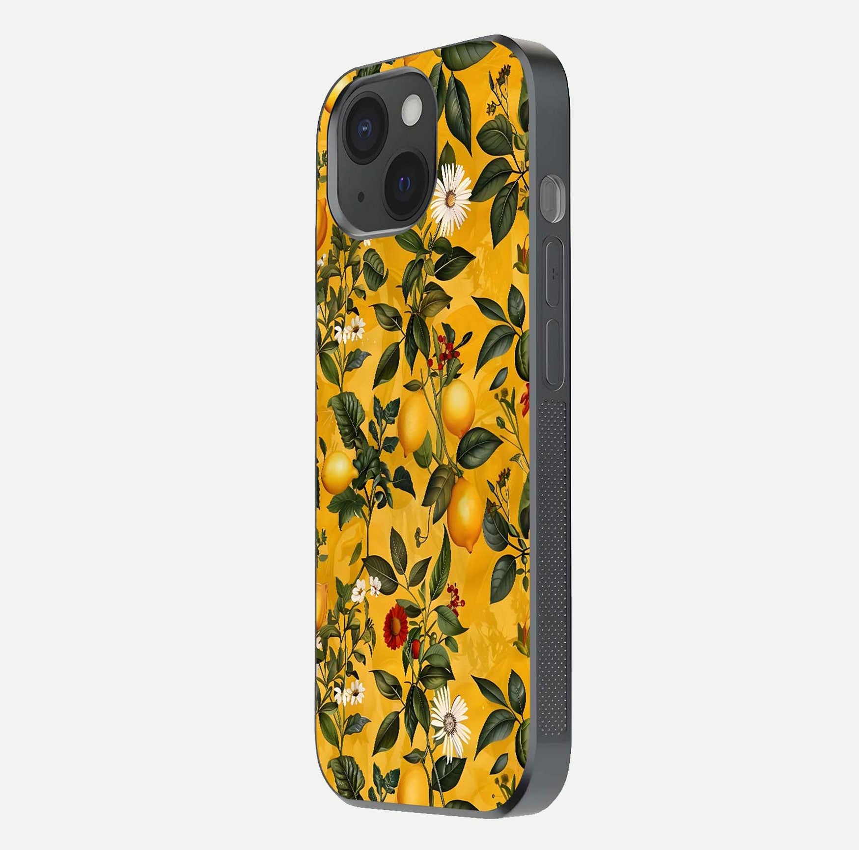 Golden Lemon Field Glass Case for iPhone 15 side-angle image showing reflection clarity and juicy color tone