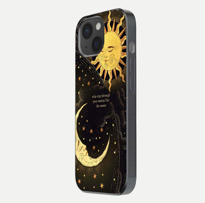 Golden Lunar Love Glass Case for iPhone 15 side-angle image showing reflection brilliance and smooth golden tone
