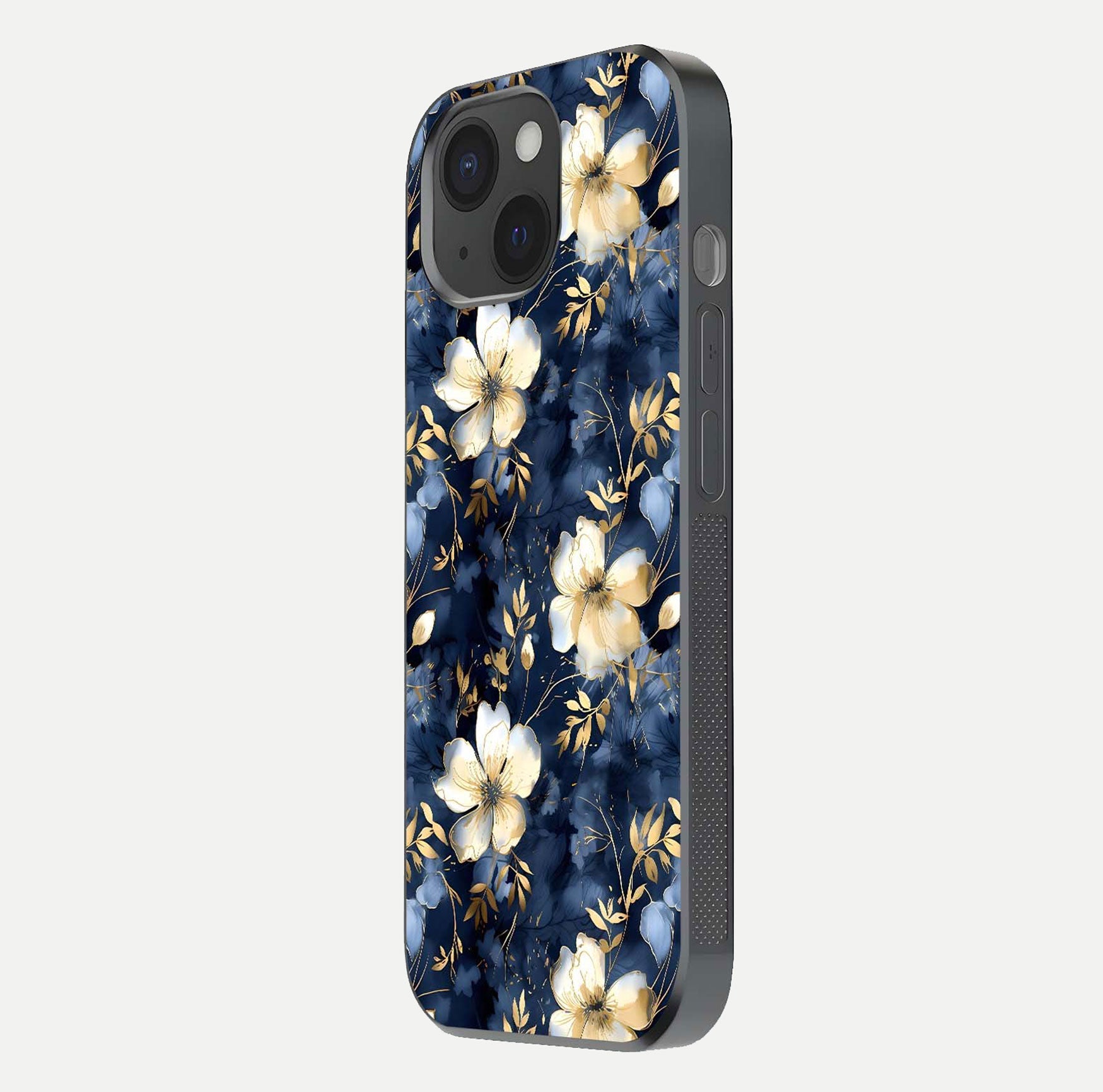 Golden Midnight Bloom Glass Case for iPhone 15 side-angle image showing shine depth and elegant edge design