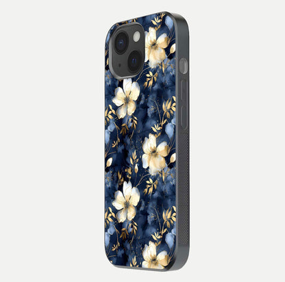 Golden Midnight Bloom Glass Case for iPhone 15 side-angle image showing shine depth and elegant edge design
