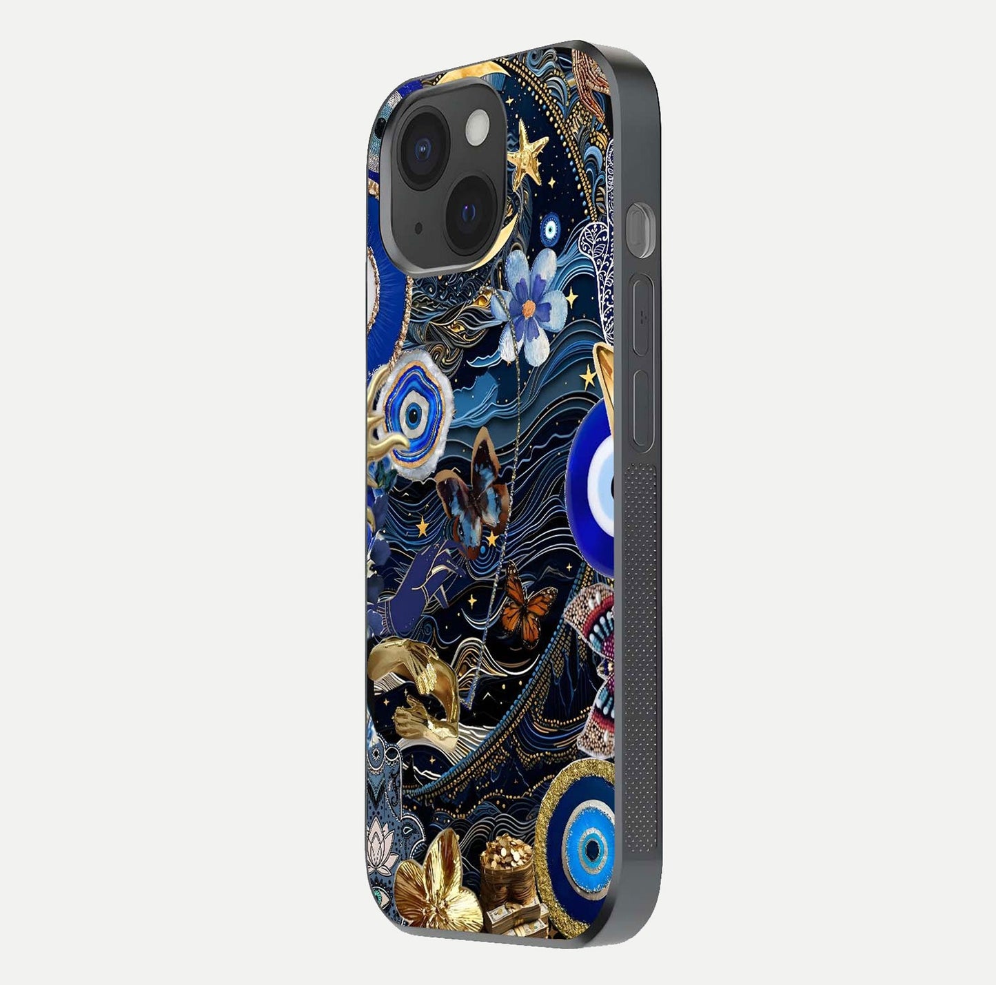 Golden Moon Magic Glass Case for iPhone 15 side-angle image showing reflection glow, curved polish, and moon detail