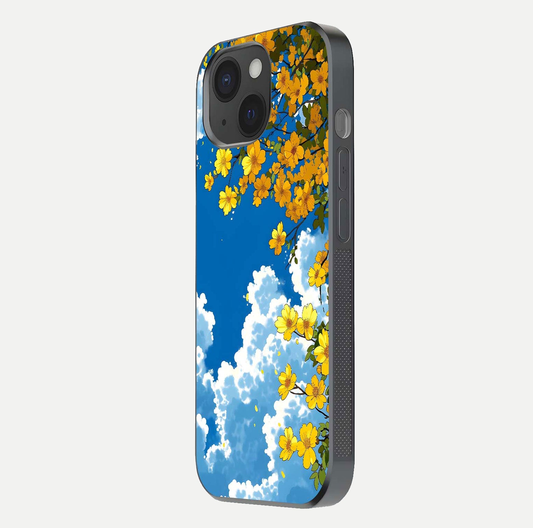 Golden Petal Sky Glass Case for iPhone 15 side-angle image showing reflection depth and metallic floral tones