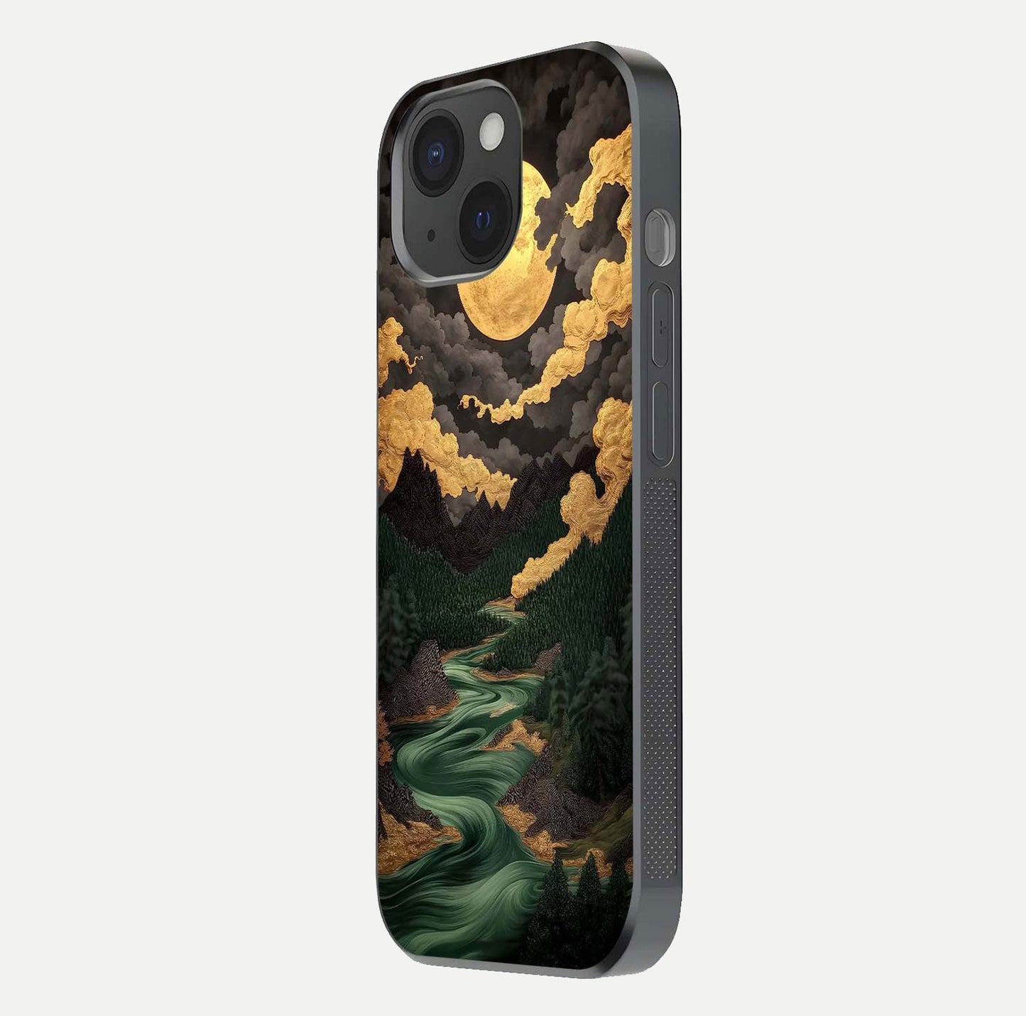 Golden River Moon Glass Case for iPhone 15 side-angle image showing reflection clarity and detailed nightscape