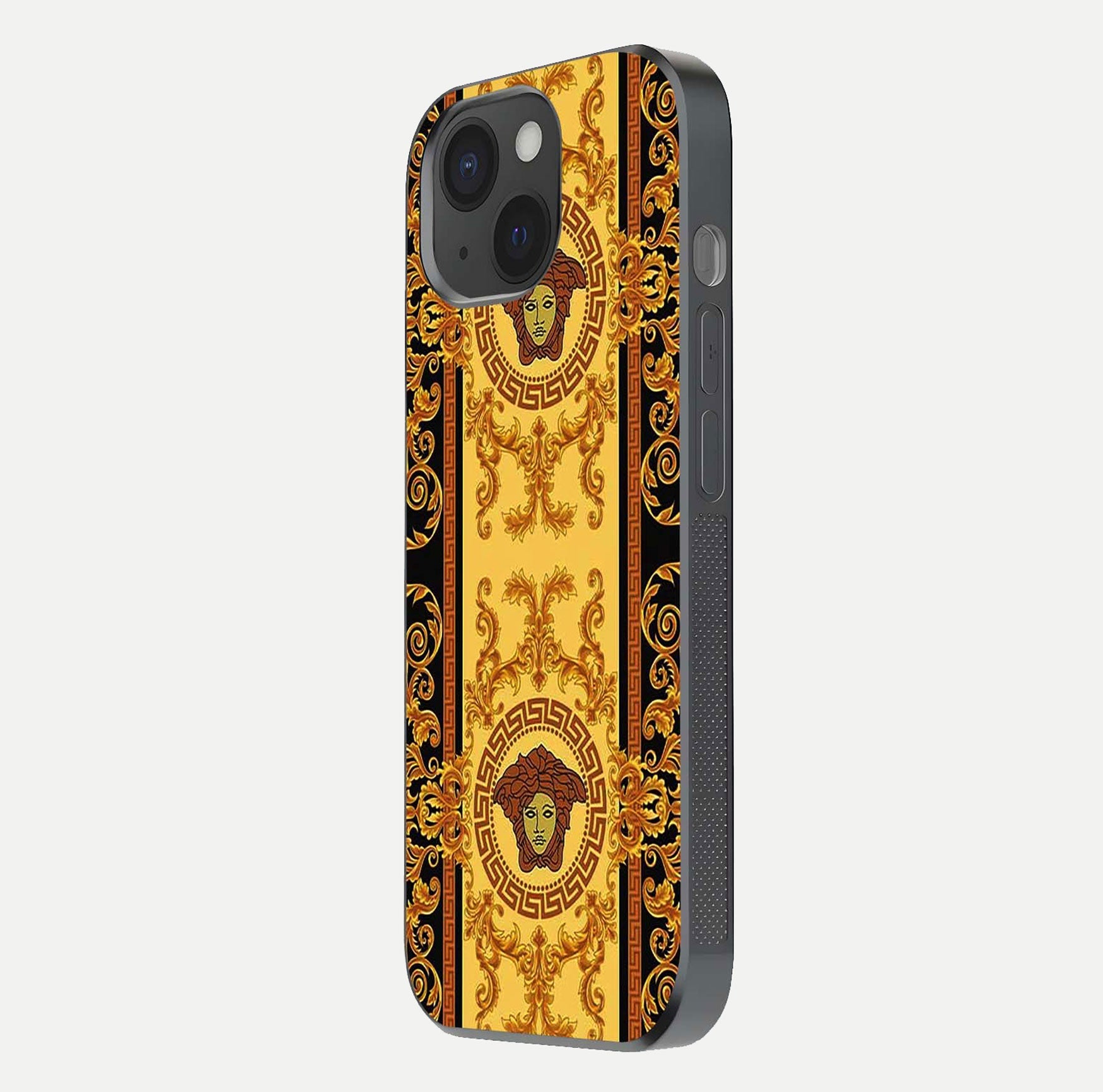 Golden Royal Heritage Glass Case for iPhone 15 side-angle image showing reflection glow and luxury detailing