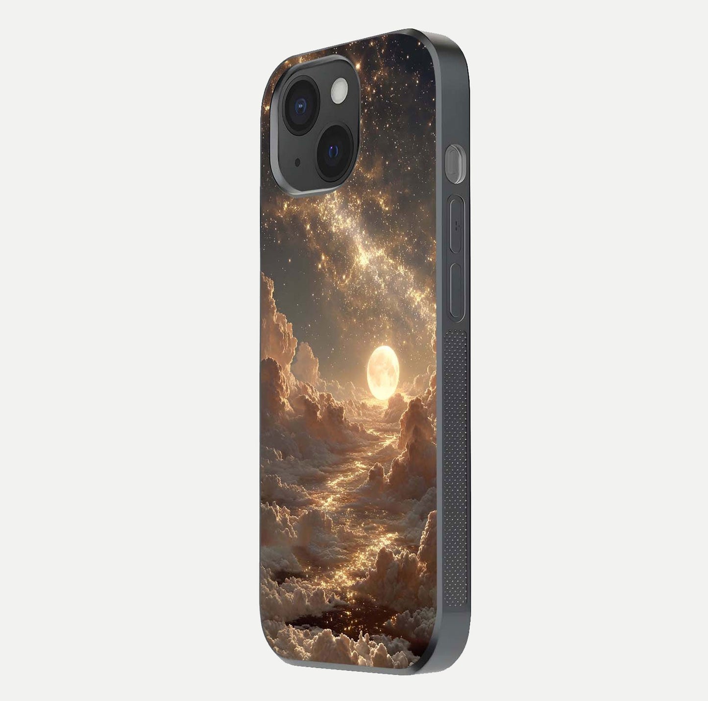 Golden Sky Dream Glass Case for iPhone 15 side-angle image showing reflection shine and smooth surface