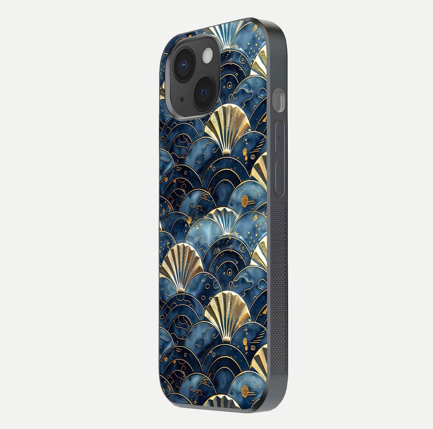 Golden Wave Luxe Glass Case for iPhone 15 side-angle image showing reflection clarity and polished finish