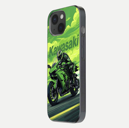 Green Kawasaki Glass Case for iPhone 15 side-angle image showing reflection depth and metallic green accent