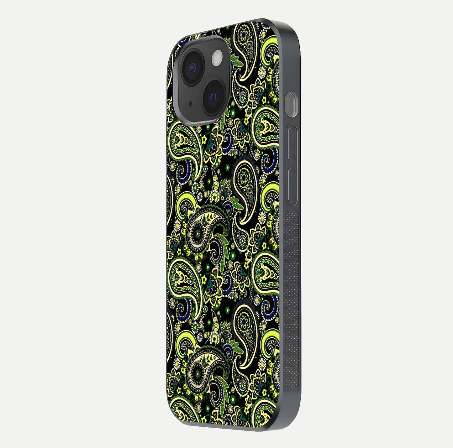 Green Mandala Pattern Glass Case for iPhone 15 side-angle image showing reflection clarity and detailed pattern lines