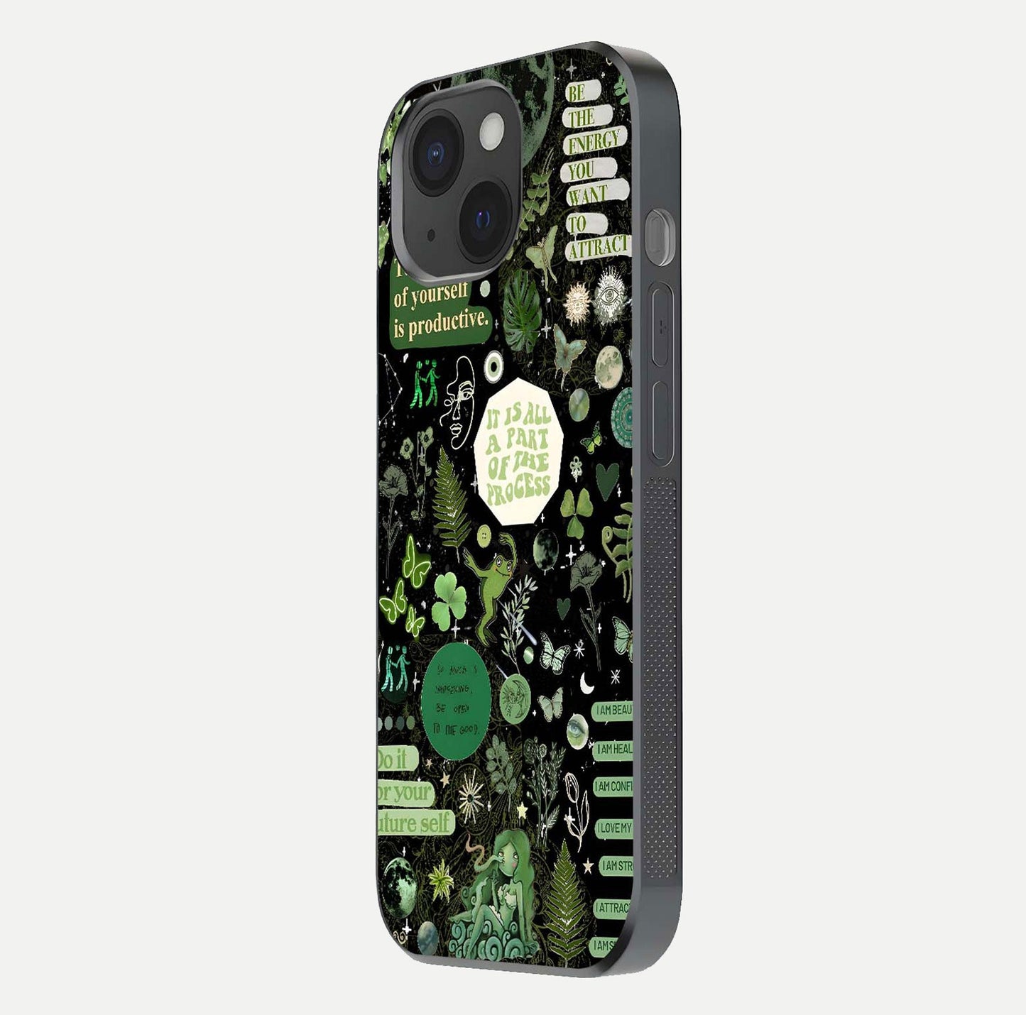 Green Moon Energy Glass Case for iPhone 15 side-angle image showing reflection brilliance and curved finish