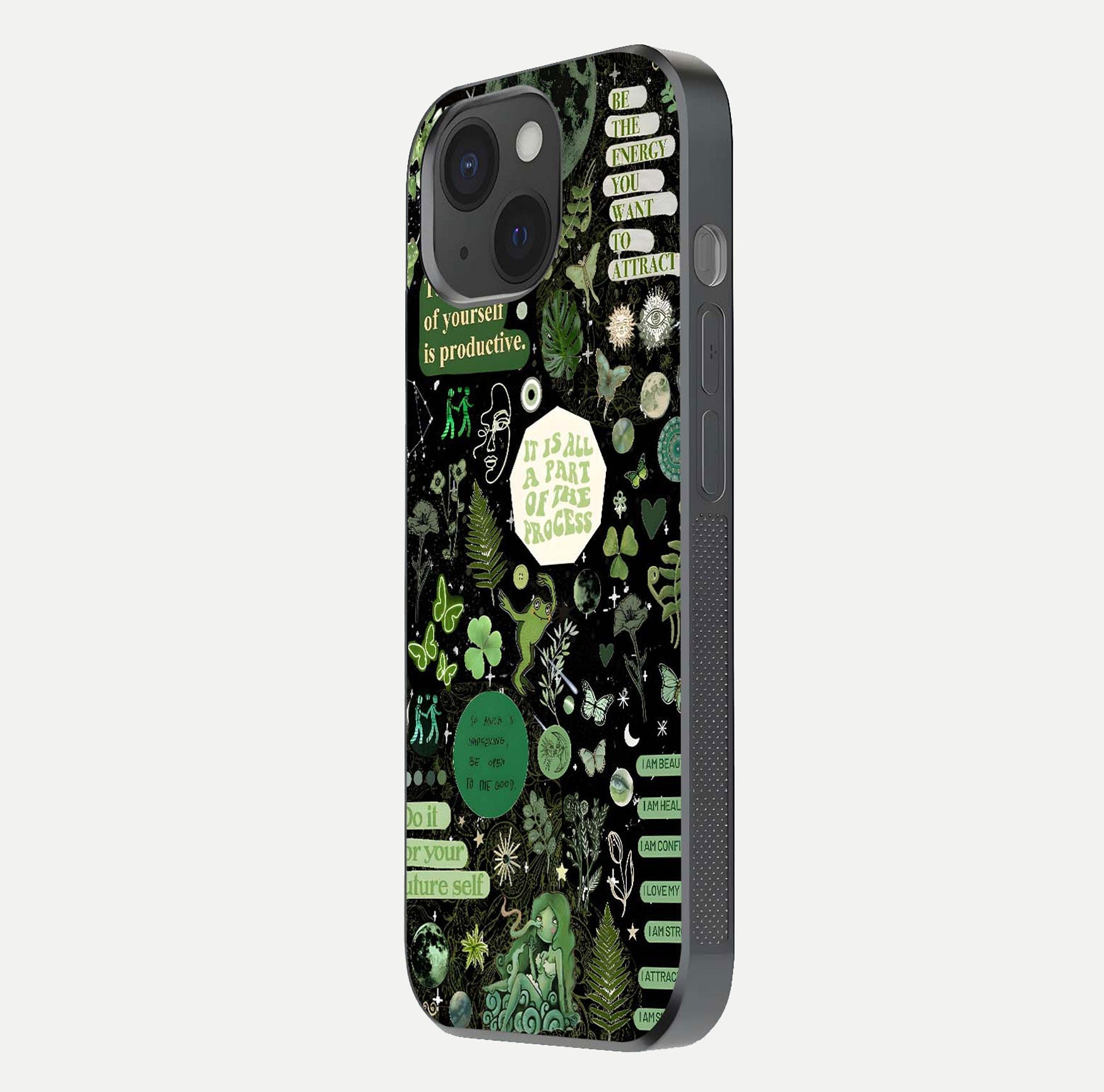 Green Moon Energy Glass Case for iPhone 15 side-angle image showing reflection brilliance and curved finish