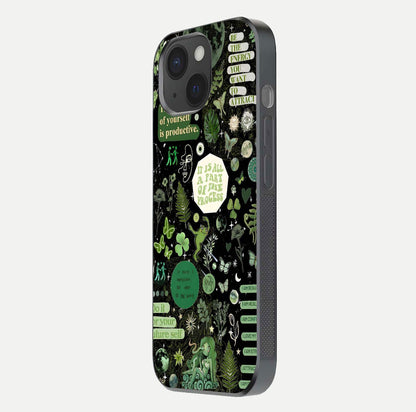 Green Moon Energy Glass Case for iPhone 15 side-angle image showing reflection brilliance and curved finish