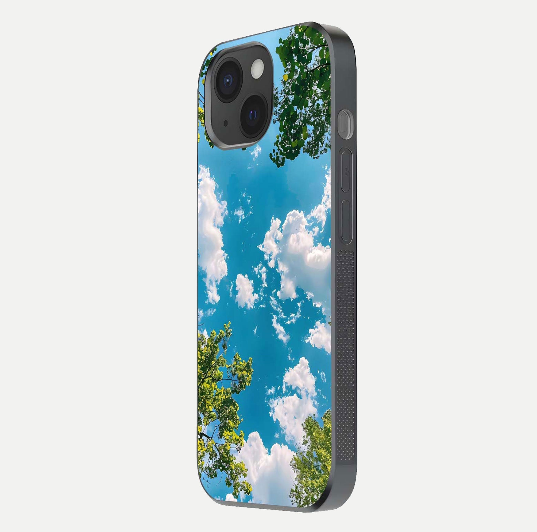 Greenery Sky Glass Case for iPhone 15 side-angle image showing reflection glow and nature-themed pattern