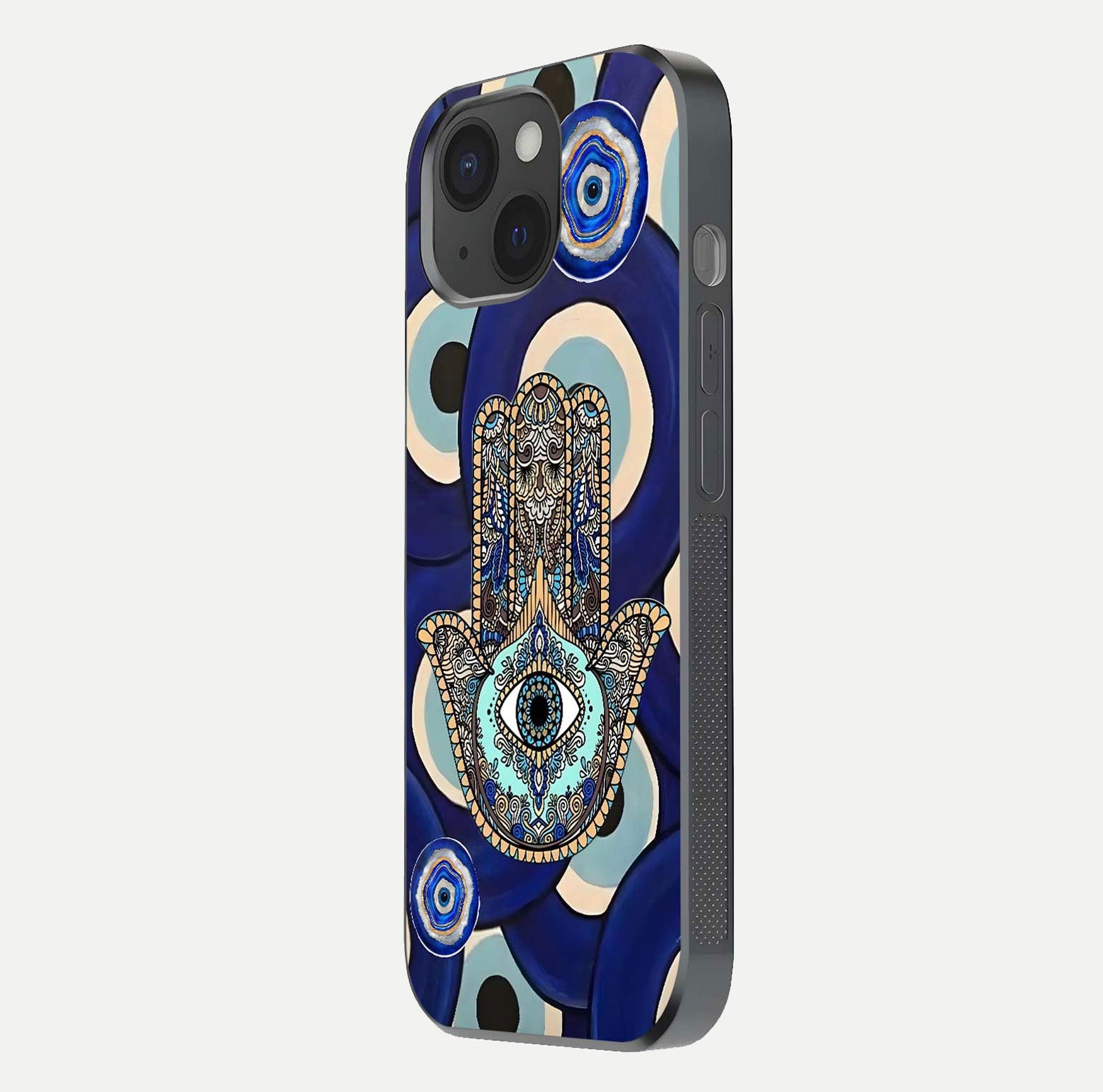 Hamsa Divine Guard Glass Case for iPhone 15 side-angle image showing reflection brilliance and protective design