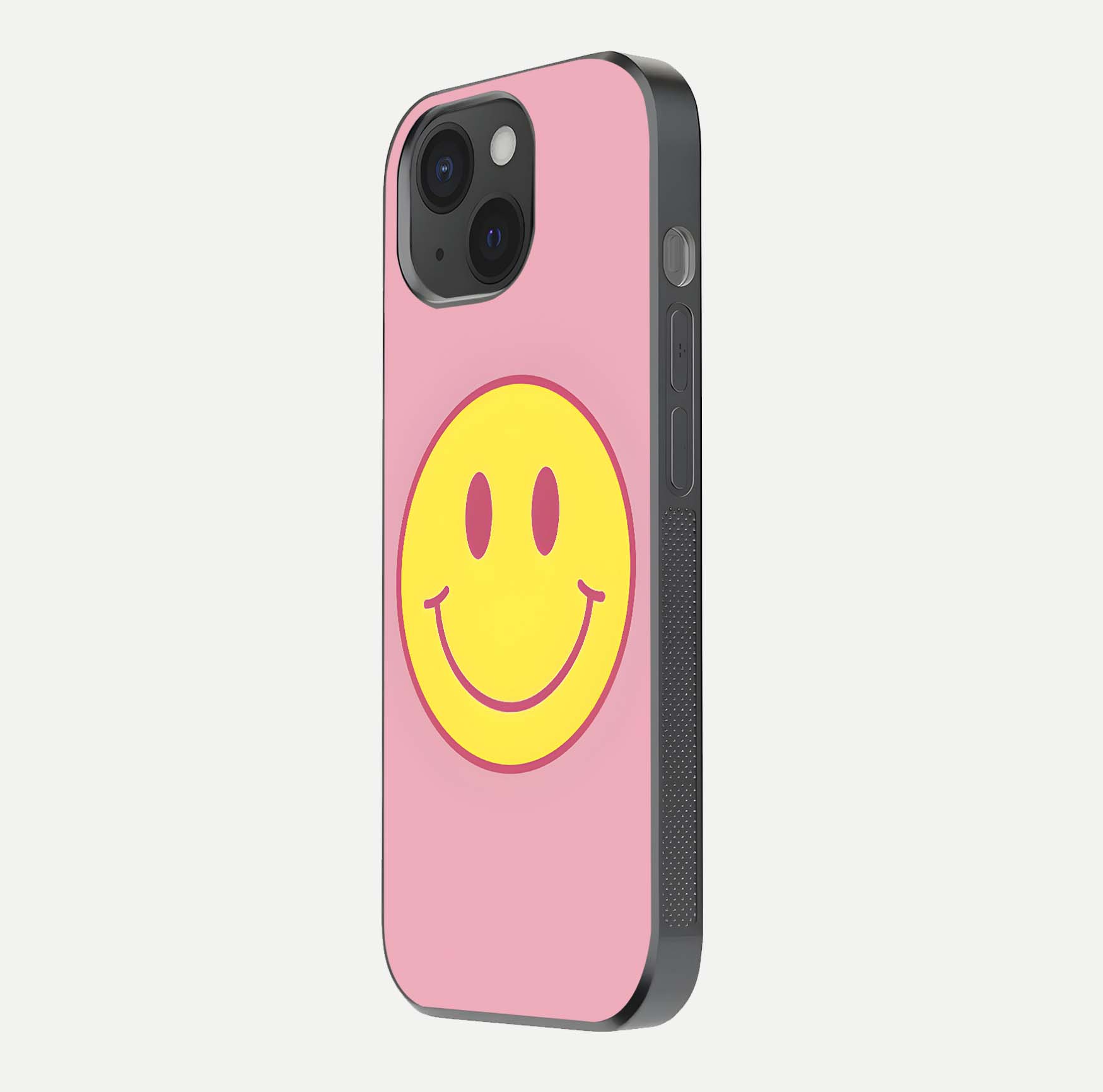 Happy Pink Mood iPhone 15  glass phone case side profile view focusing on smooth frame and clean wrap