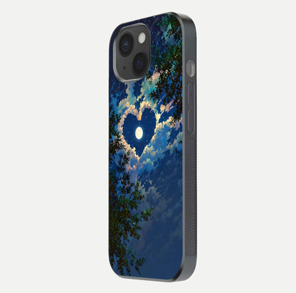 Heart with Moon Sky Glass Case for iPhone 15 side-angle image showing reflection brightness and soft tone finish