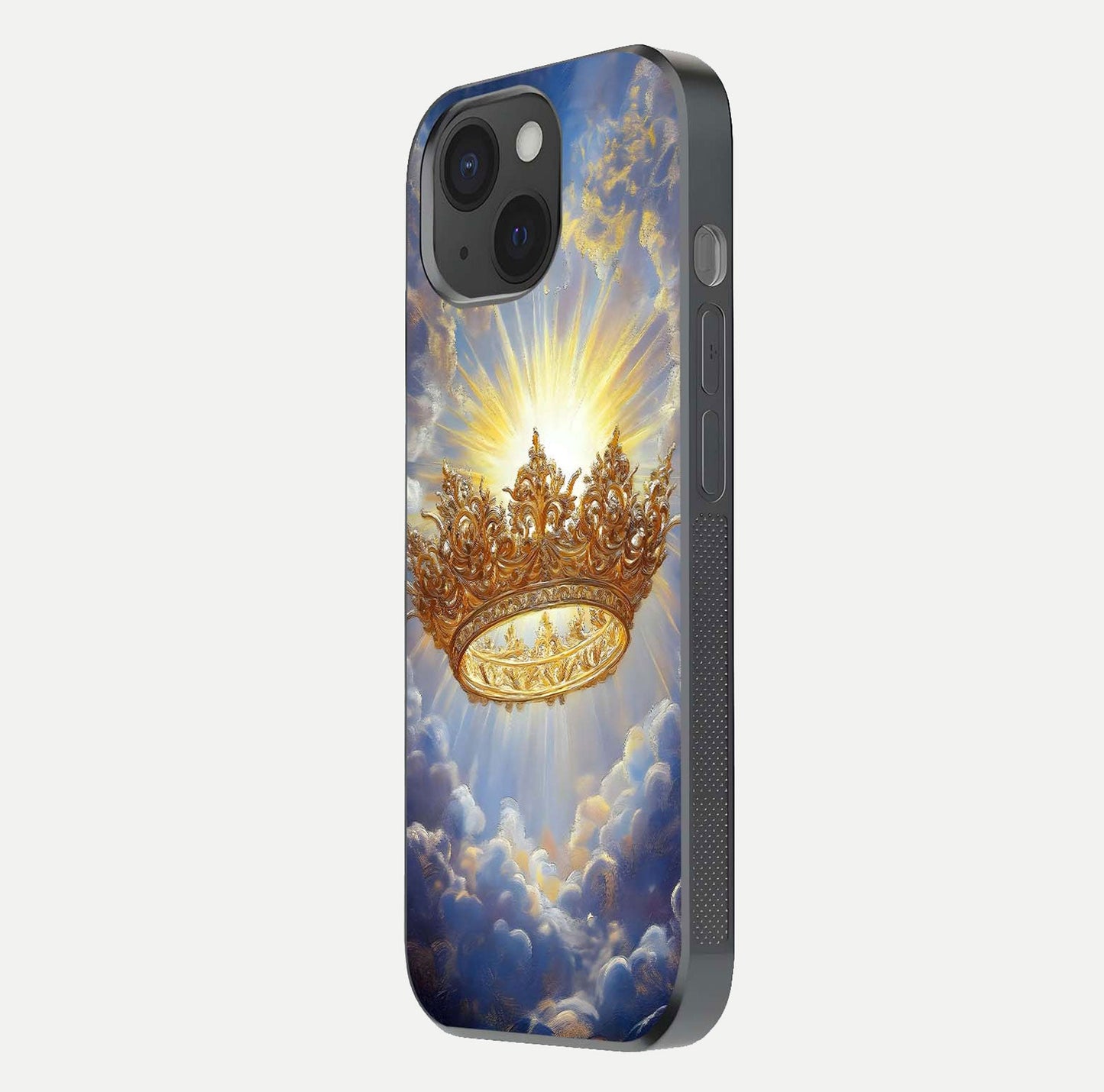 Heavenly Crown Light Glass Case for iPhone 15 side-angle image showing reflection brilliance and elegant divine art