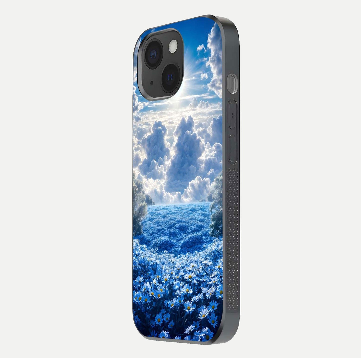 Heavenly Daisy Horizon Glass Case for iPhone 15 side-angle image showing reflection depth and floral glow