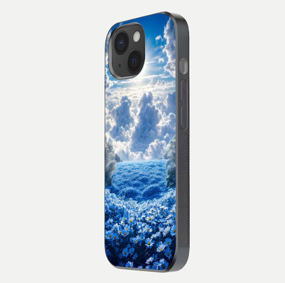 Heavenly Daisy Horizon Glass Case for iPhone 15 side-angle image showing reflection depth and floral glow