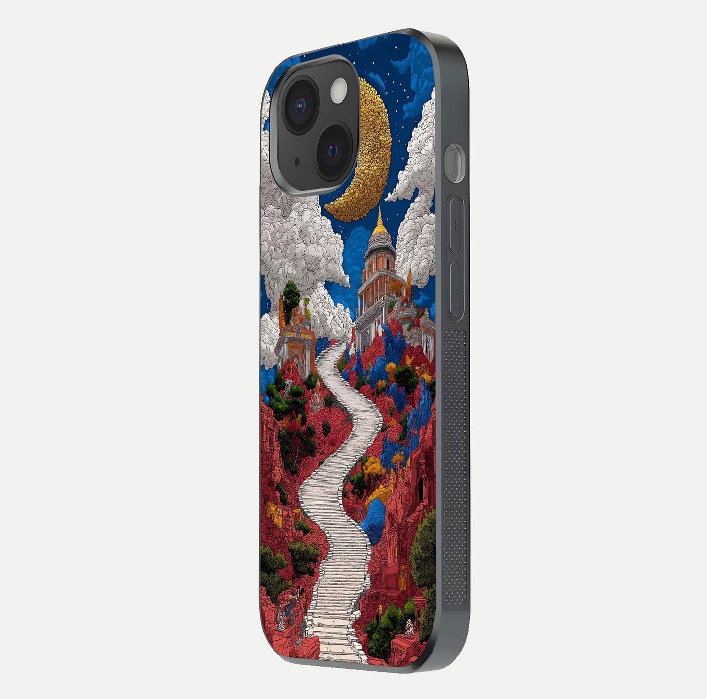Heavenly Moon Path Glass Case for iPhone 15 side-angle image showing reflection clarity and serene moon glow