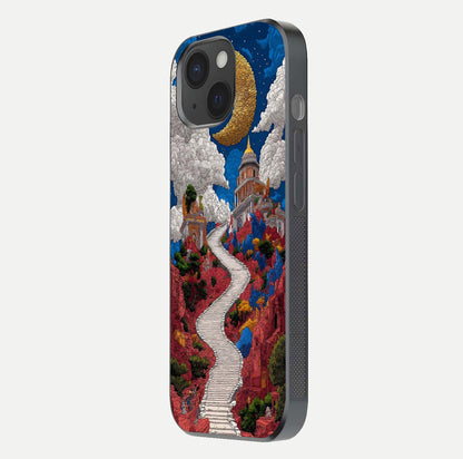 Heavenly Moon Path Glass Case for iPhone 15 side-angle image showing reflection clarity and serene moon glow