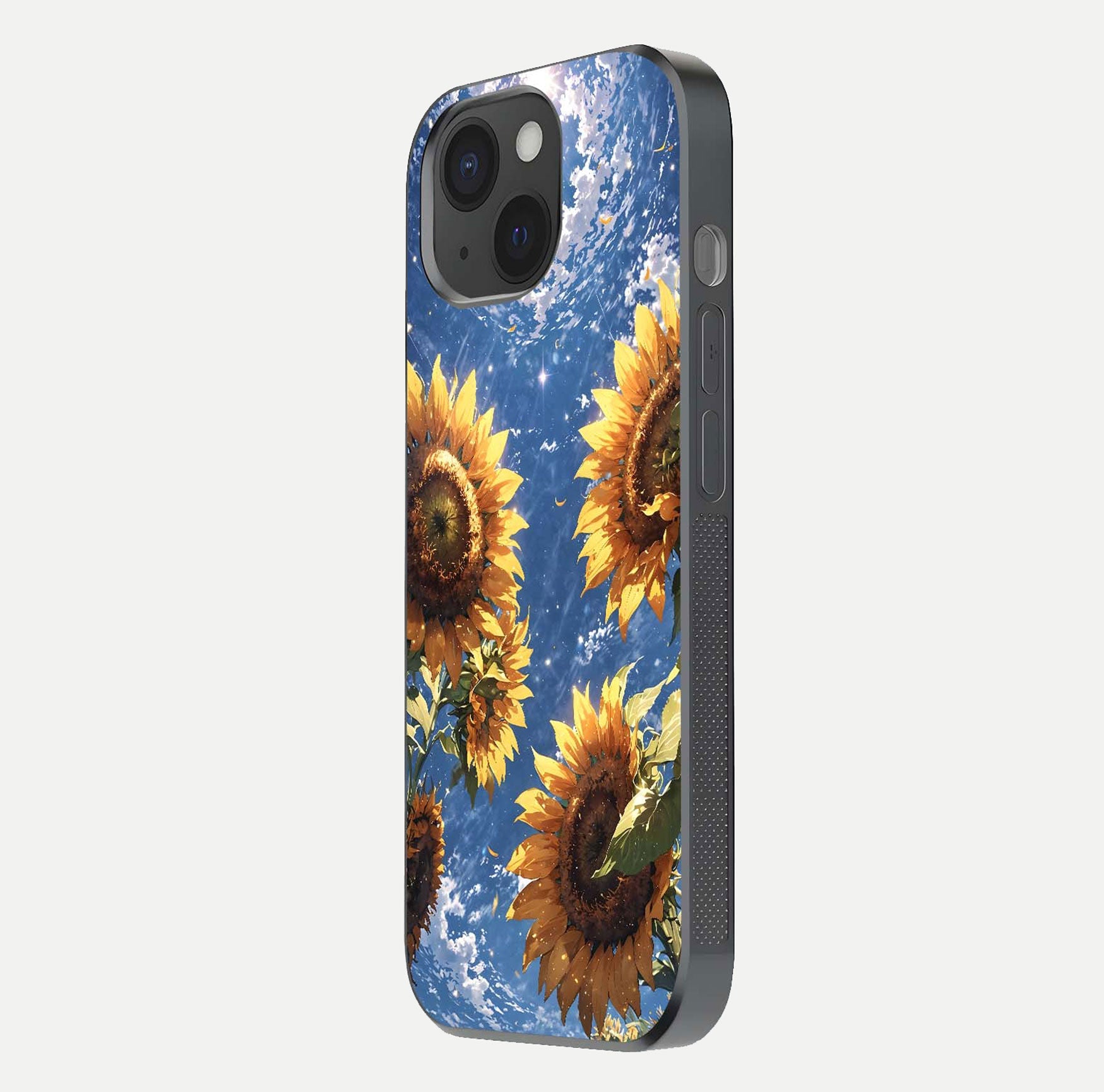 Heavenly Sunflower Rise Glass Case for iPhone 15 side-angle image showing reflection glow and soft yellow tone