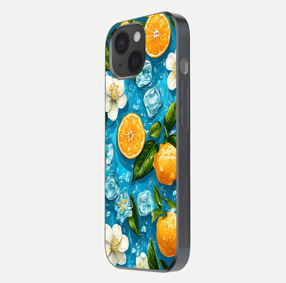 Ice Cube With Orange Glass Case for iPhone 15 side-angle image showing reflection brightness and juicy pattern detail