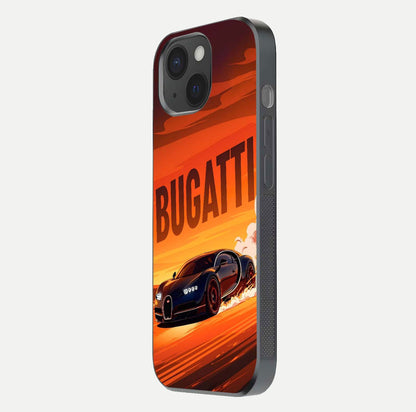 Inferno Bugatti Storm Glass Case for iPhone 15 side-angle image showing reflection glow and vibrant red tones