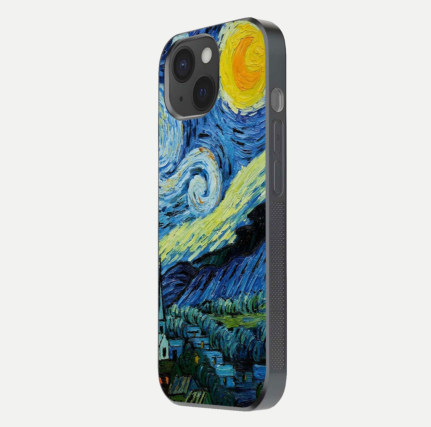 Inspired Van Gogh Art Glass Case for iPhone 15 side-angle image showing reflection brilliance and painted surface look