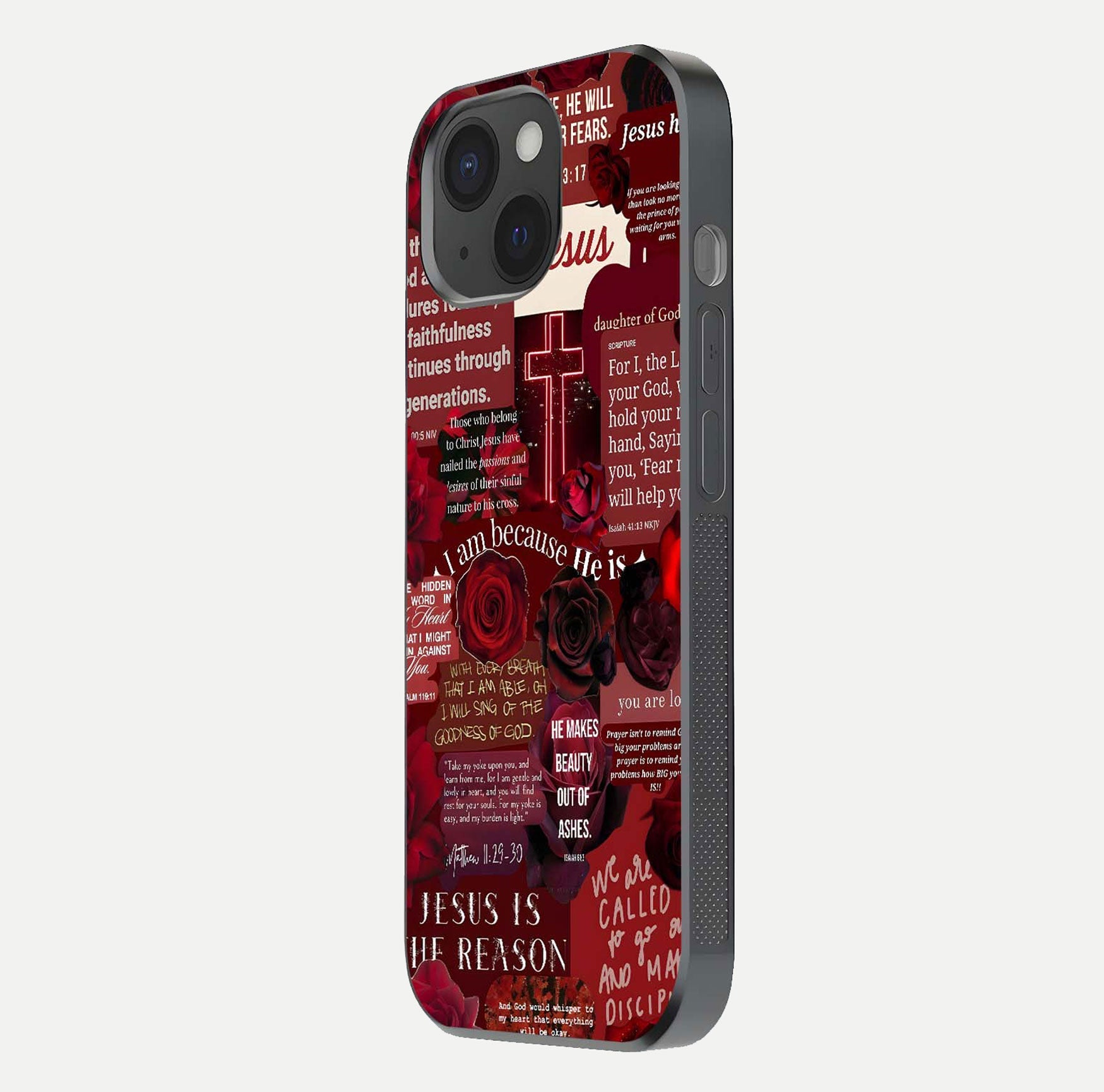 Jesus Love Heals Glass Case for iPhone 15 side-angle image highlighting gloss depth and spiritual aura
