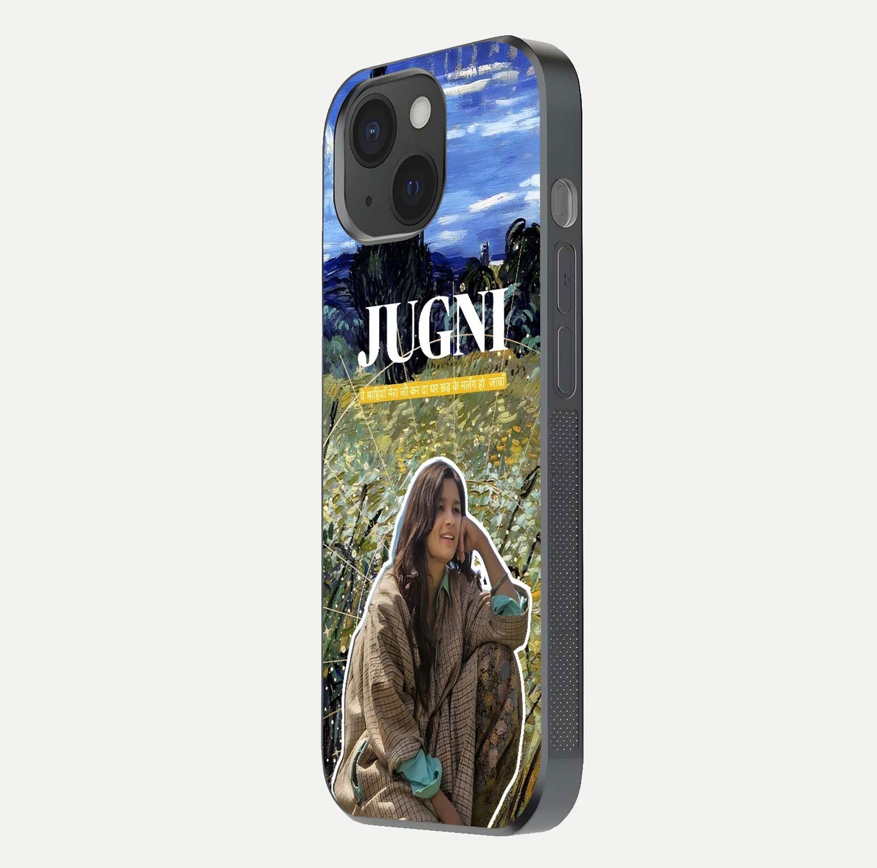 Jugni Soul Vibes Glass Case for iPhone 15 side-angle image with stylish typography and HD finish